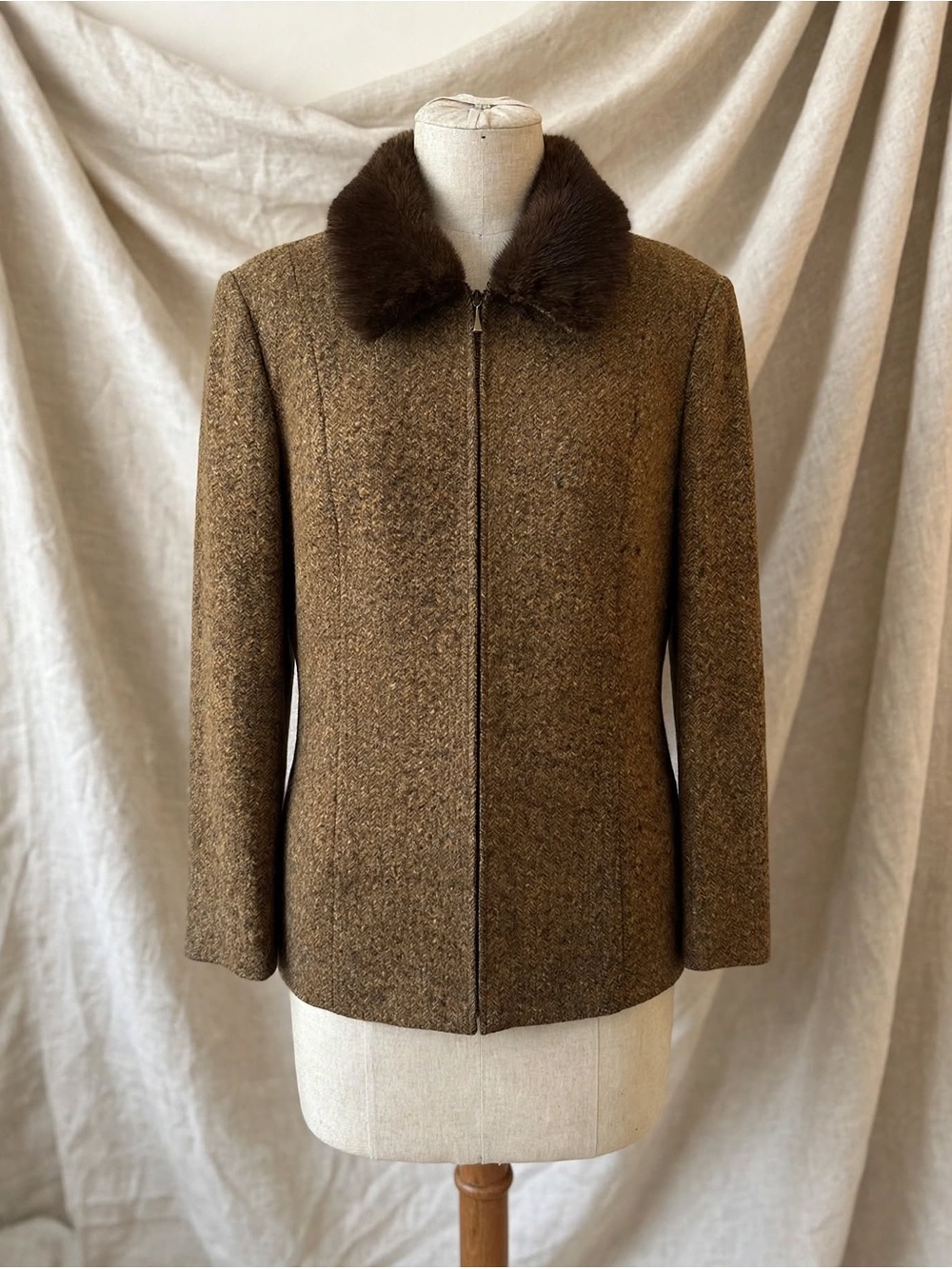 Vintage Talbots Wool Silk Blend Herringbone Fur Collar Jacket 12